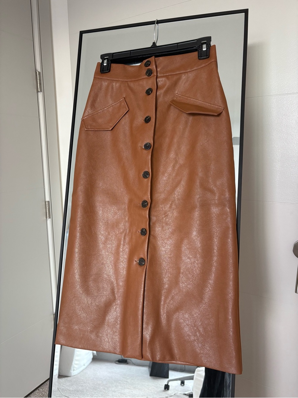 H&M Tan Brown Faux Leather Button-Front Midi Skirt